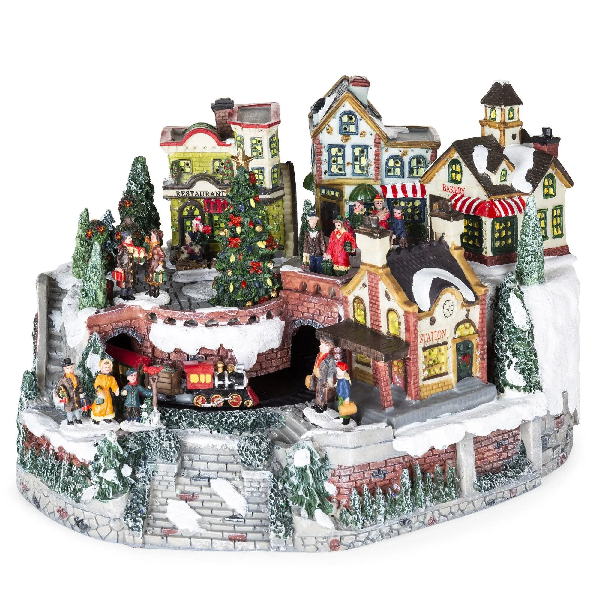 12in Pre-Lit Hand-Painted Tabletop Christmas Village Set w/ Rotating Train
