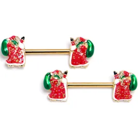 14 Gauge 9/16 Gold Tone Glitter Santa Red Barbell Nipple Ring Set