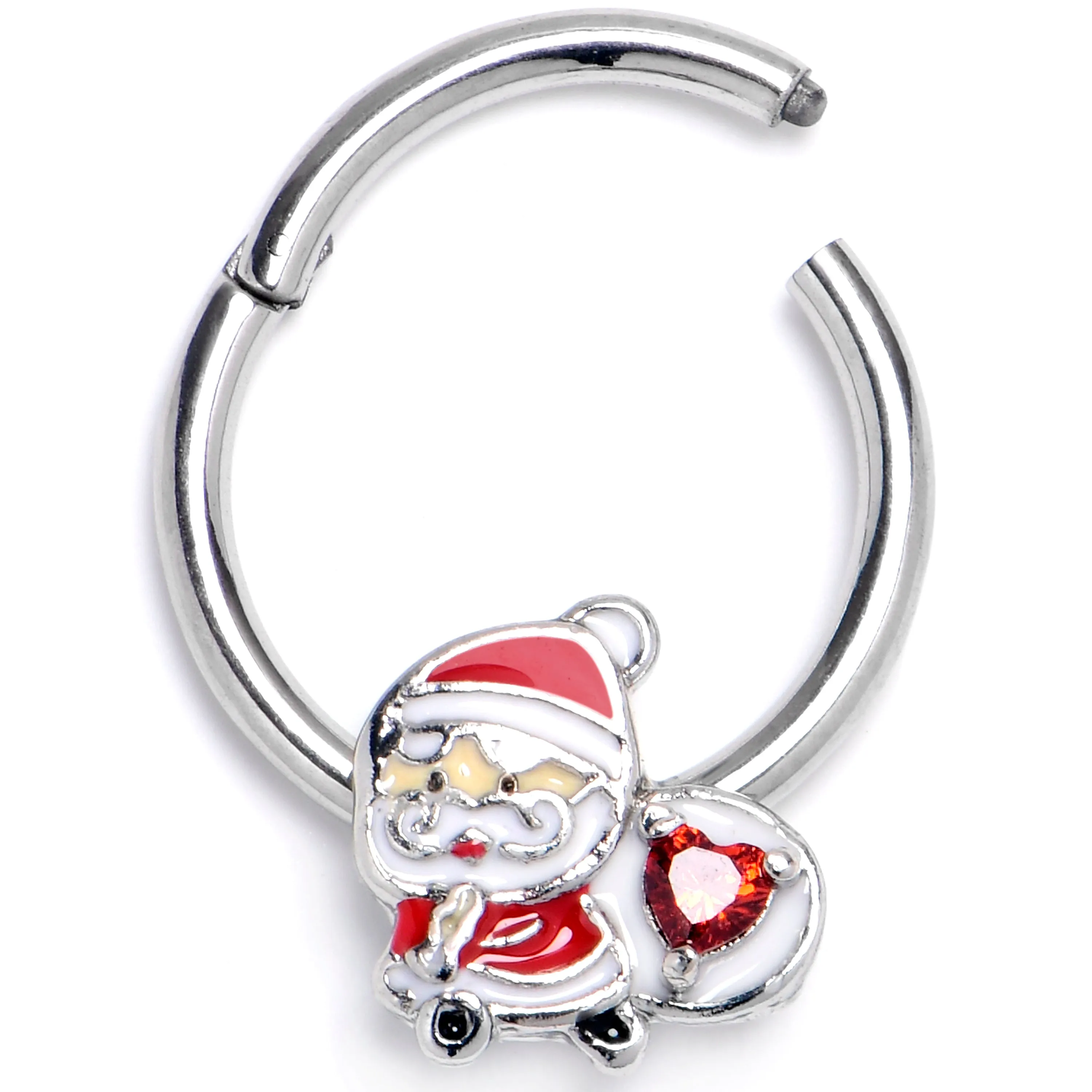 16 Gauge 3/8 Red Gem Santa Bag Heart Hinged Segment Ring