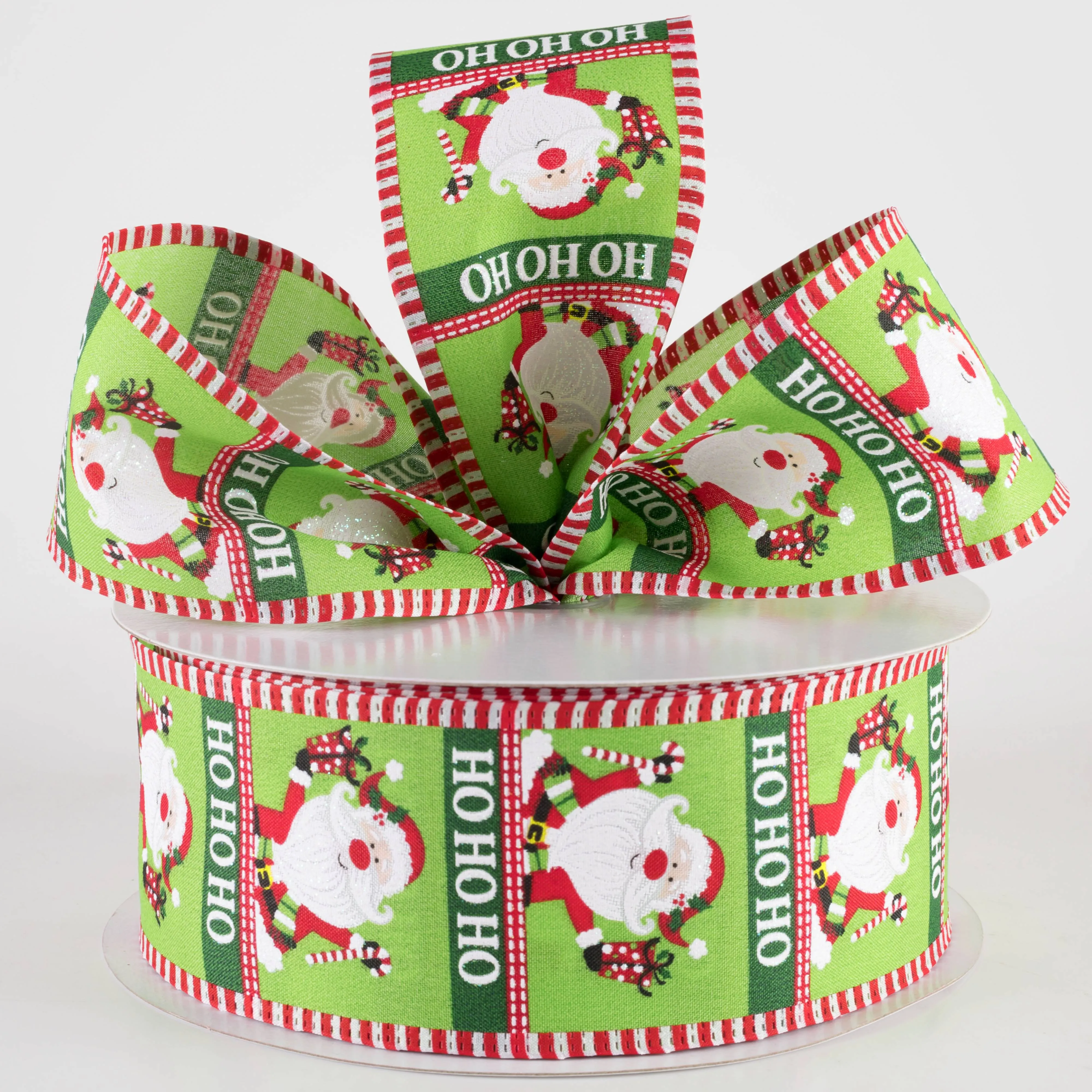 2.5" Jolly Waving Santa Dash Edge Ribbon: Lime (50 Yards)
