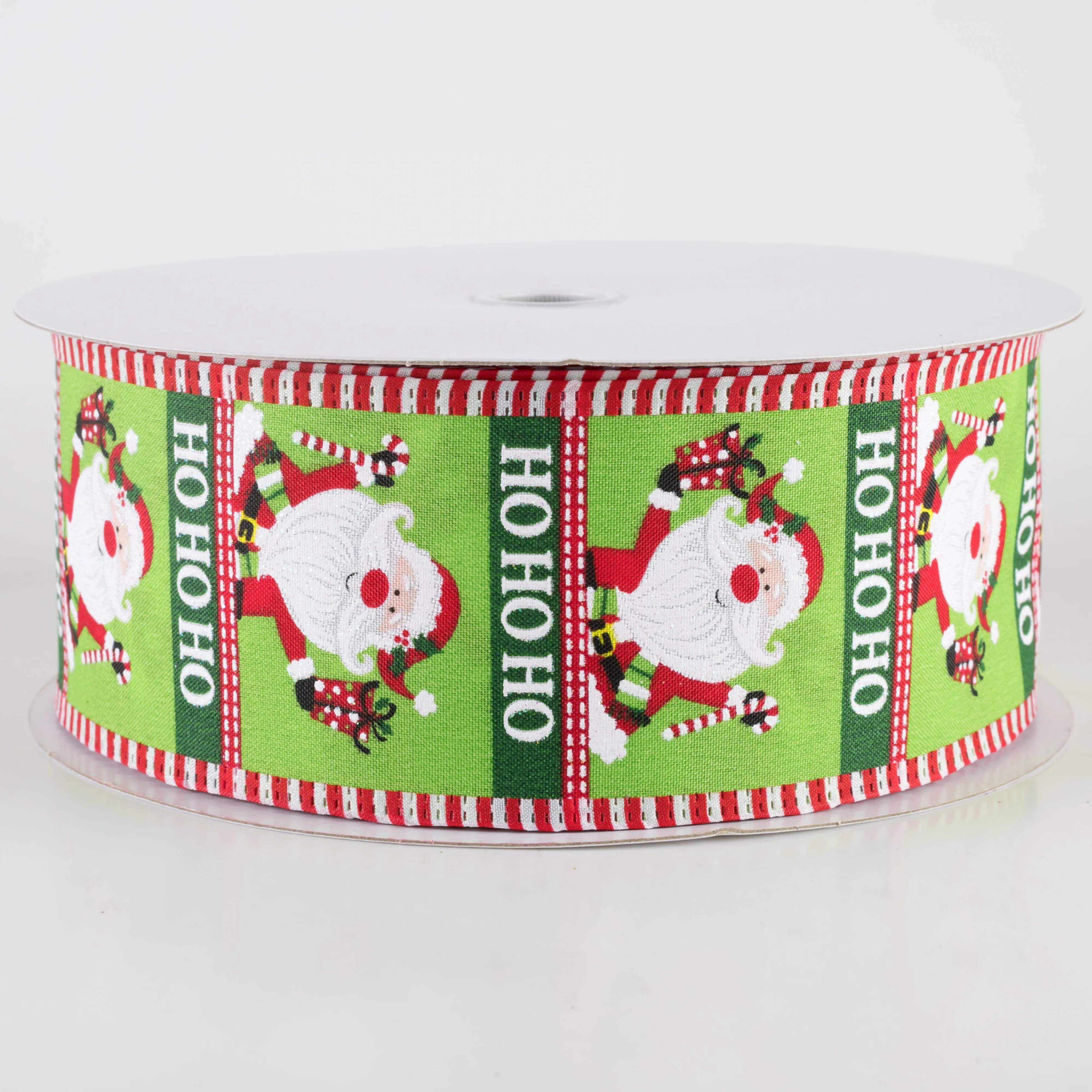 2.5" Jolly Waving Santa Dash Edge Ribbon: Lime (50 Yards)