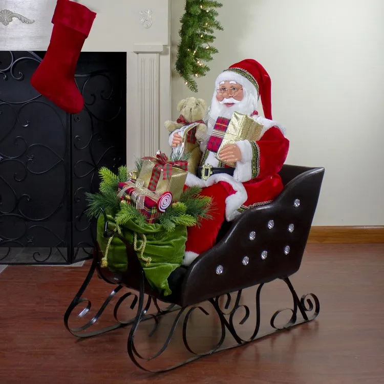 32" Red Traditional Jolly Santa Claus In Jewel Sleigh Christmas Figurine