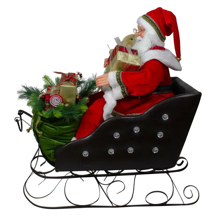 32" Red Traditional Jolly Santa Claus In Jewel Sleigh Christmas Figurine
