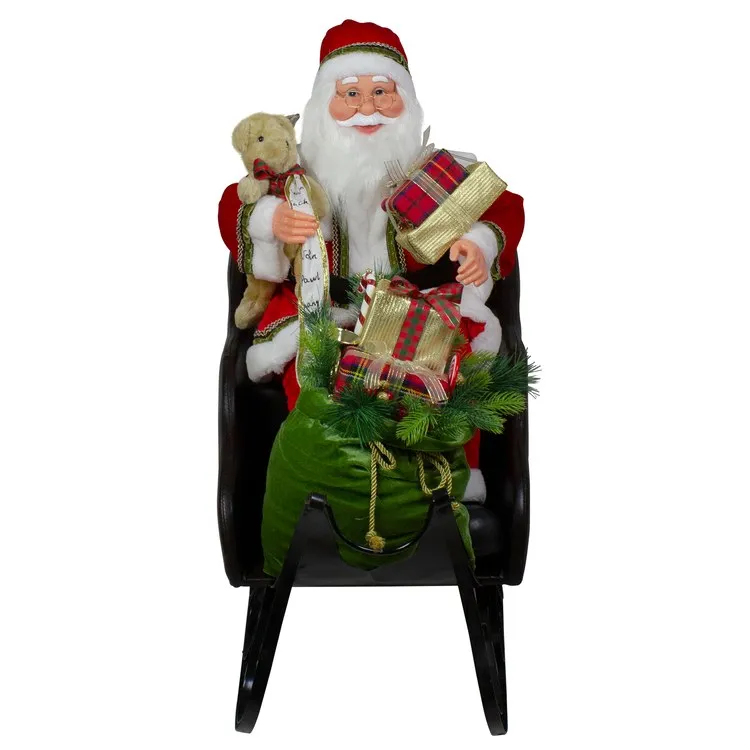 32" Red Traditional Jolly Santa Claus In Jewel Sleigh Christmas Figurine