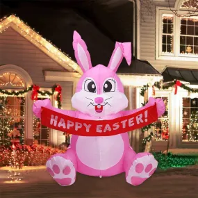 5 Feet Pink Bunny with Banner Inflatable Easter Bunny Blowup Outdoor Toys with Build-in LEDs Yard Lawn Garden Decorations