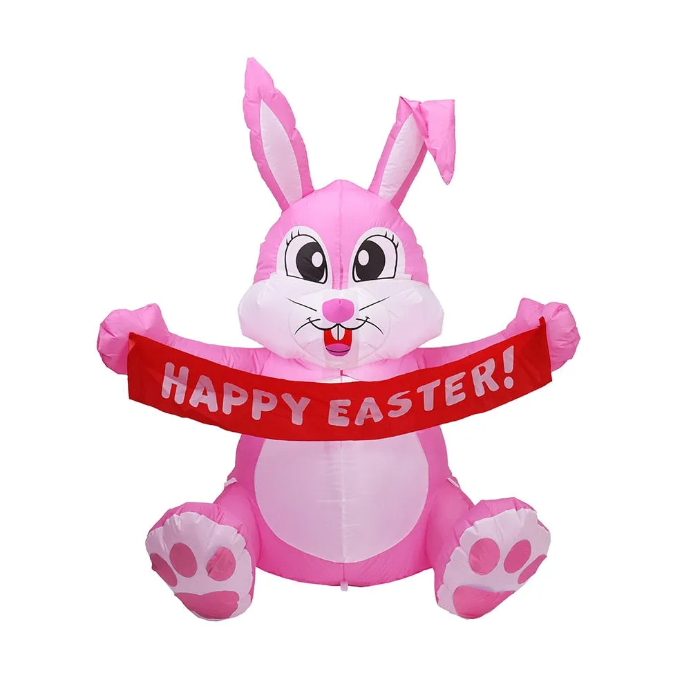 5 Feet Pink Bunny with Banner Inflatable Easter Bunny Blowup Outdoor Toys with Build-in LEDs Yard Lawn Garden Decorations