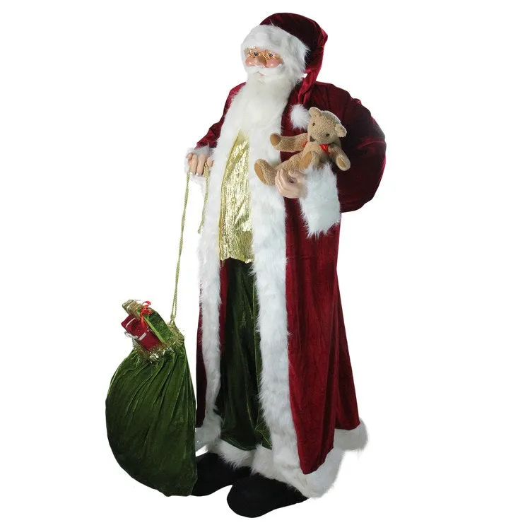 6' Standing Plush Christmas Santa Claus Figurine with Teddy Bear and Gift Bag