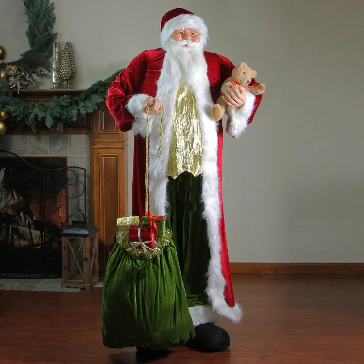 6' Standing Plush Christmas Santa Claus Figurine with Teddy Bear and Gift Bag