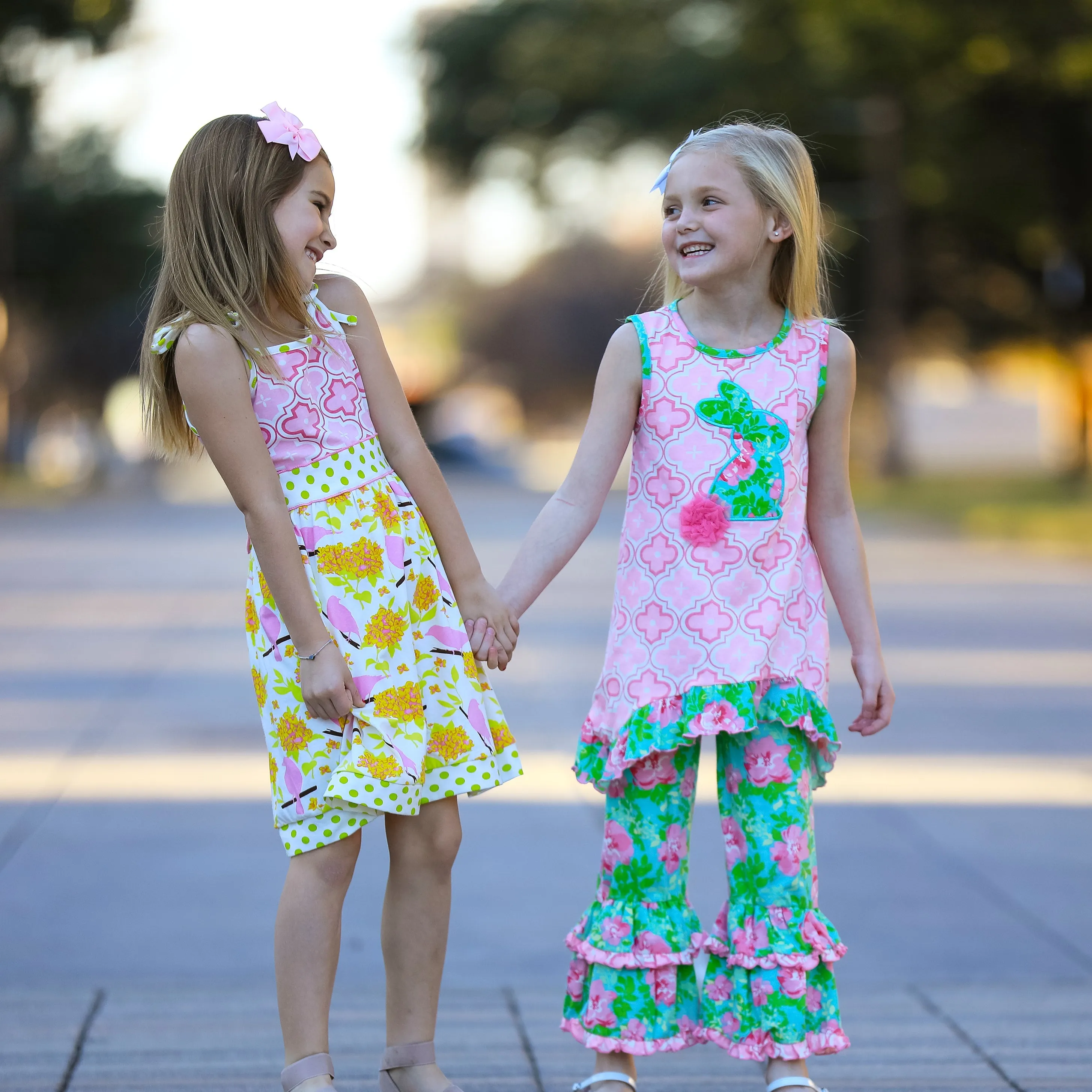 AnnLoren Big Little Girls Easter Bunny Tunic Spring Floral Ruffle Capri Pants Outfit
