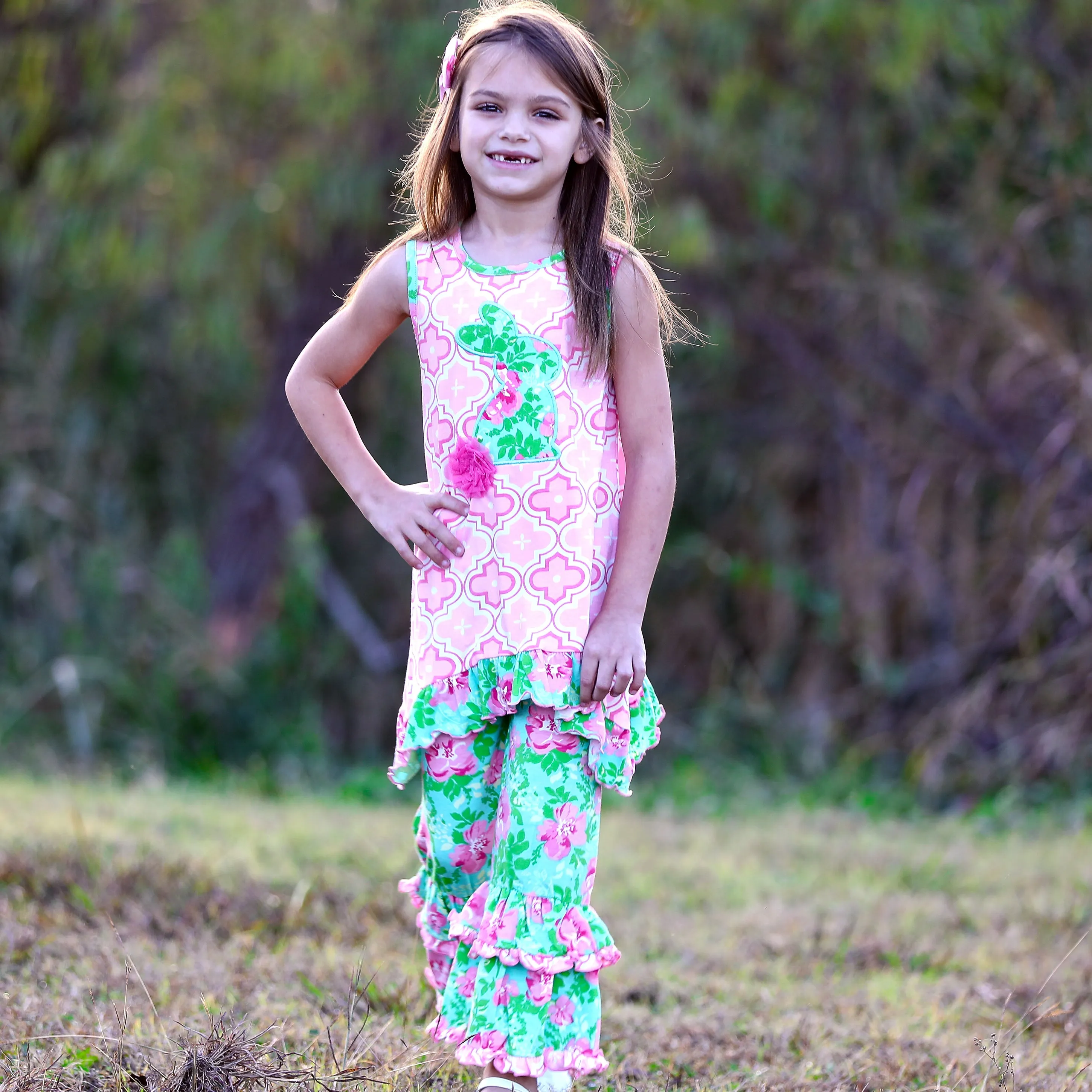 AnnLoren Big Little Girls Easter Bunny Tunic Spring Floral Ruffle Capri Pants Outfit