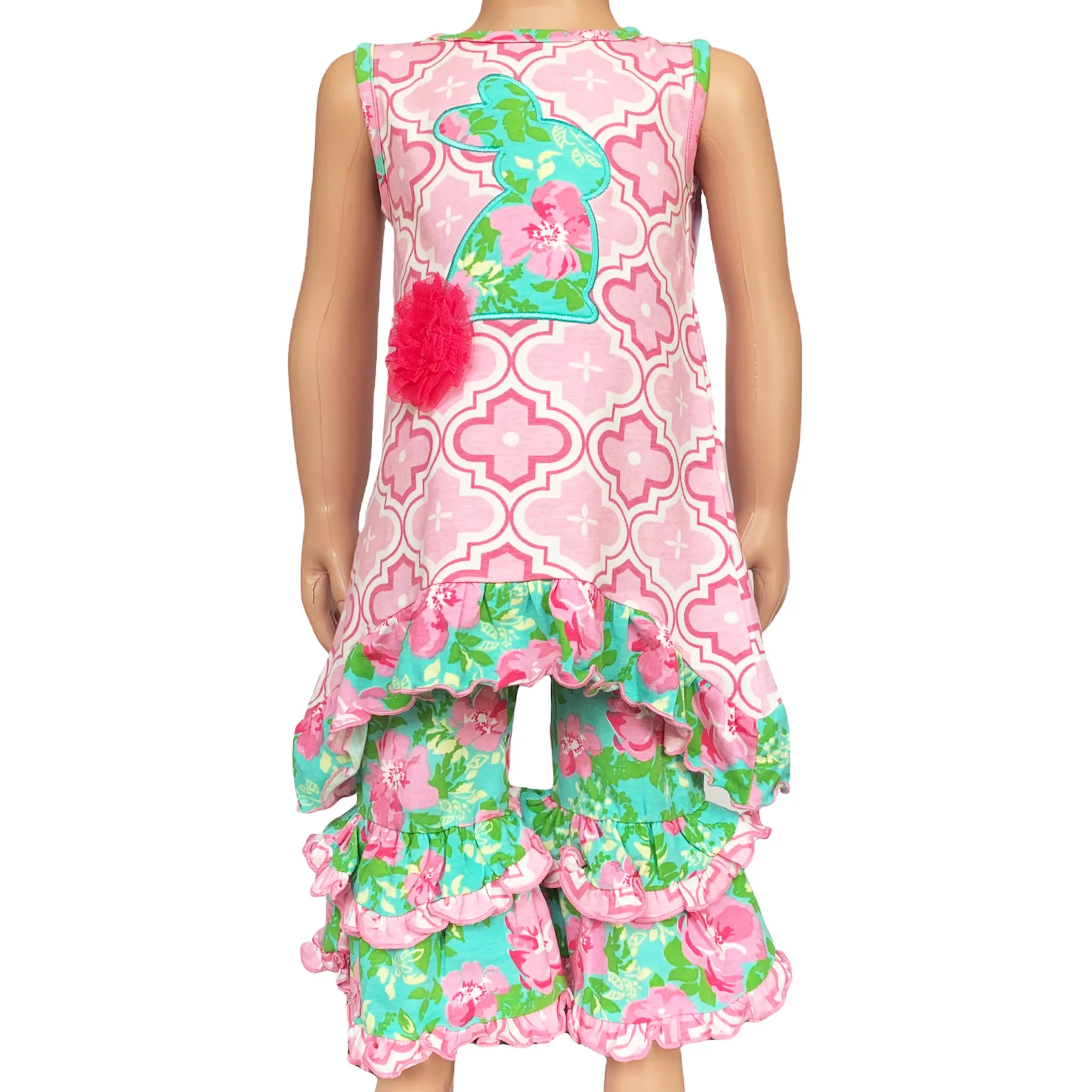AnnLoren Big Little Girls Easter Bunny Tunic Spring Floral Ruffle Capri Pants Outfit