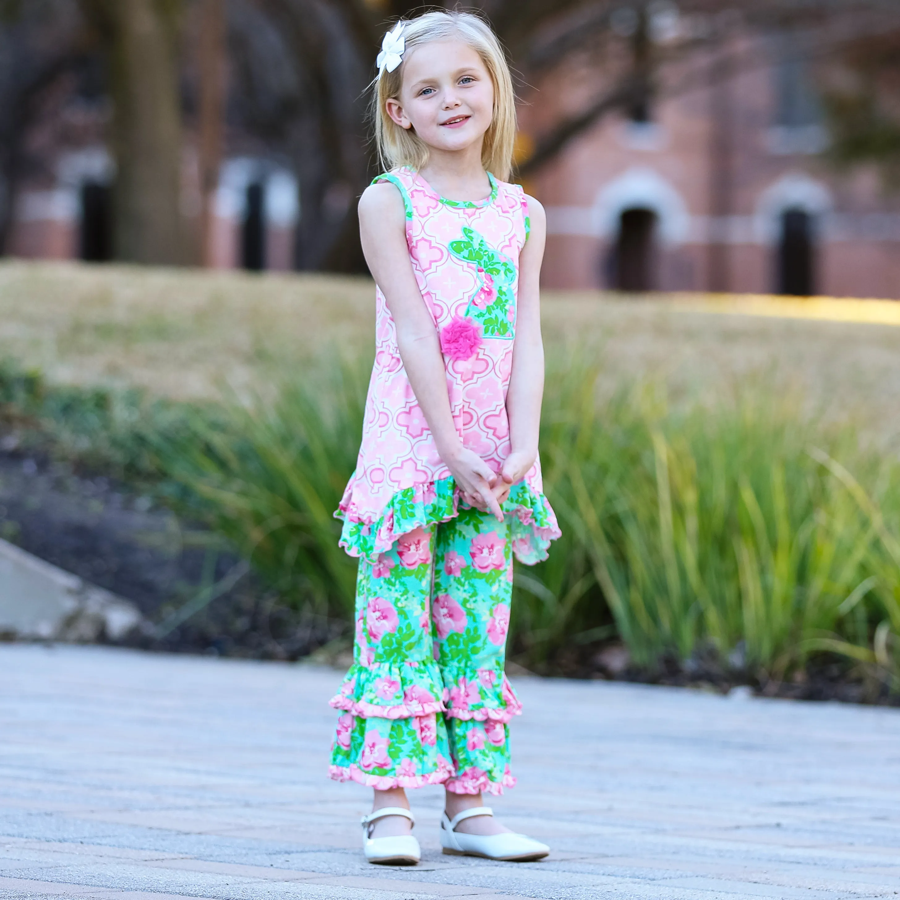 AnnLoren Big Little Girls Easter Bunny Tunic Spring Floral Ruffle Capri Pants Outfit