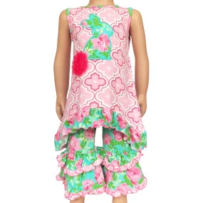 AnnLoren Big Little Girls Easter Bunny Tunic Spring Floral Ruffle Capri Pants Outfit