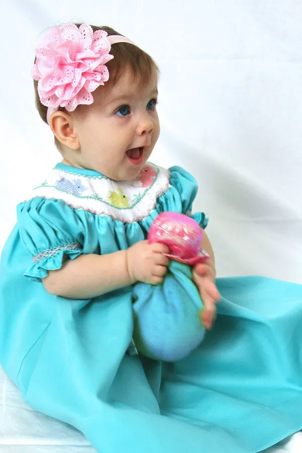Aquamarine Baby Girls Bishop Dress with Smocked Easter Bunny