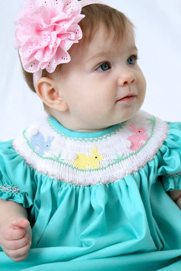 Aquamarine Baby Girls Bishop Dress with Smocked Easter Bunny