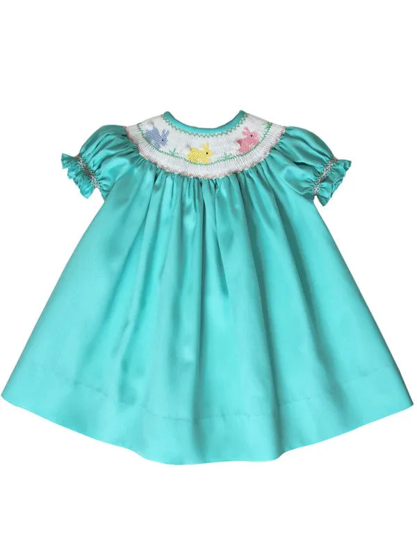 Aquamarine Baby Girls Bishop Dress with Smocked Easter Bunny