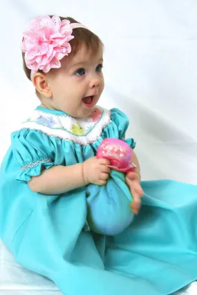 Aquamarine Baby Girls Bishop Dress with Smocked Easter Bunny