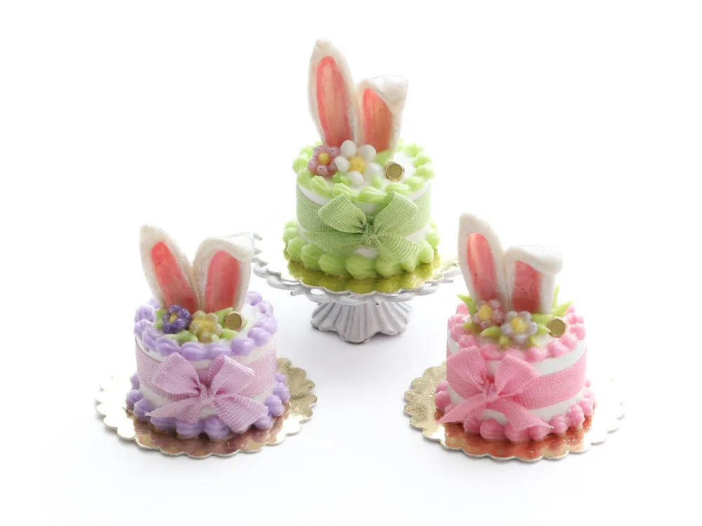 Bunny Ears Easter Cake - Pink, Green or Lilac - Handmade Miniature Food in 12th Scale for Dollhouse