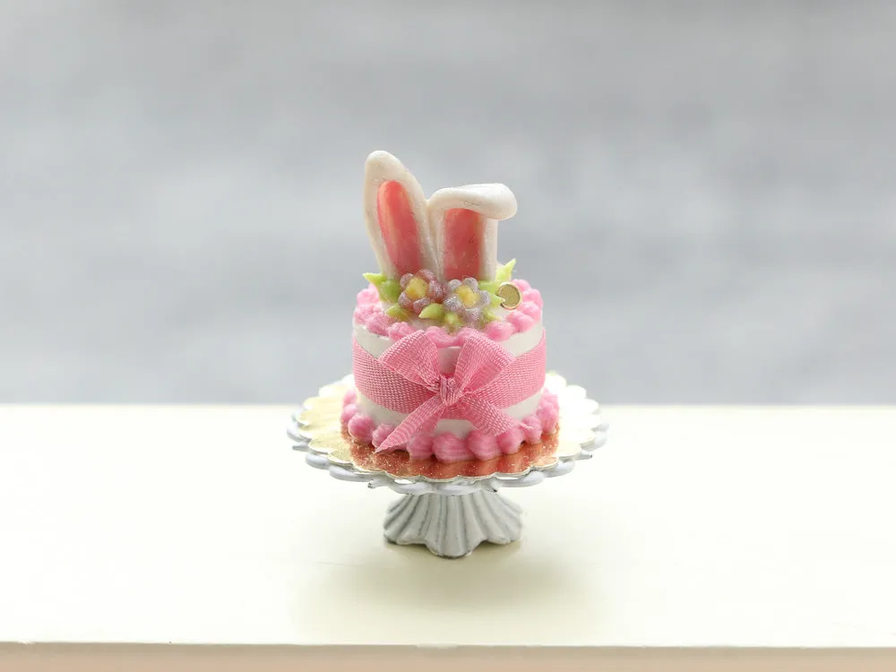 Bunny Ears Easter Cake - Pink, Green or Lilac - Handmade Miniature Food in 12th Scale for Dollhouse