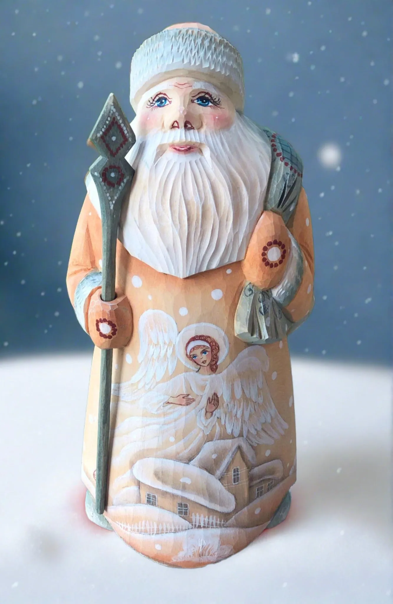 Carved Russian Santa- Beige Colored with Angel