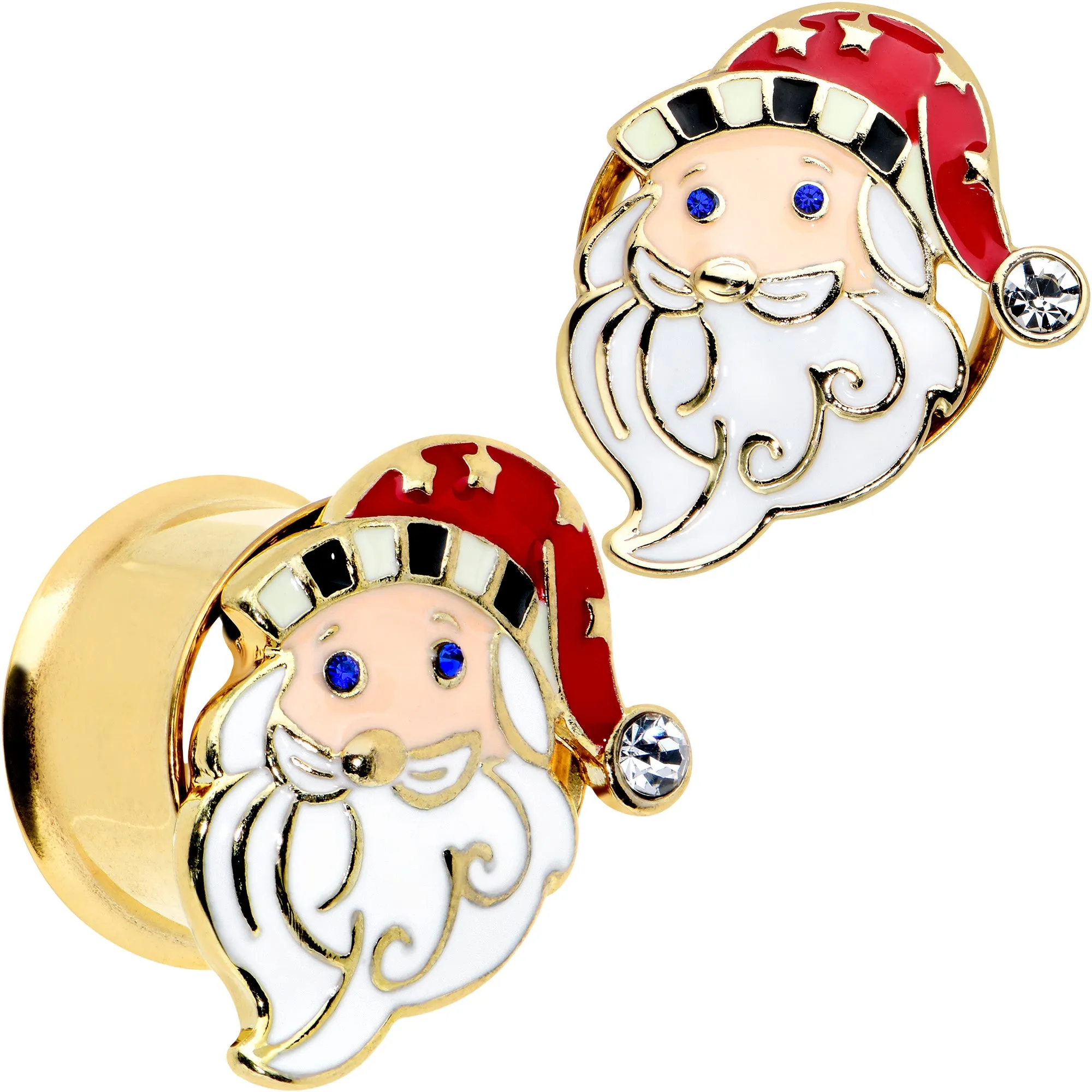 Color Gem Gold Tone Snazzy Santa Christmas Double Flare Plug Set