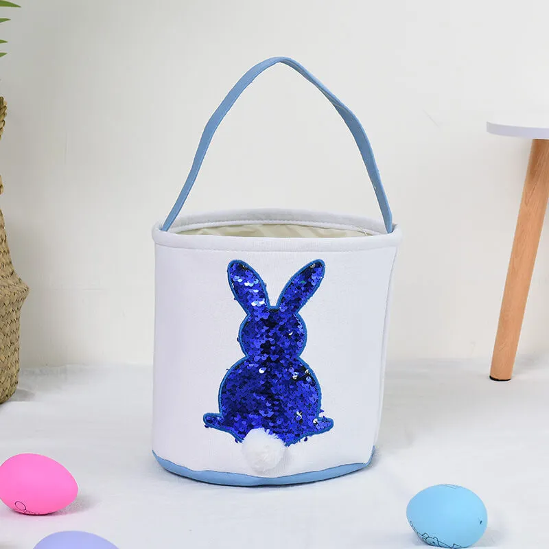 Easter Bunny Basket Canvas Sequin Tote Bags Kids Easter Egg Hunt Rabbit Basket with Tail