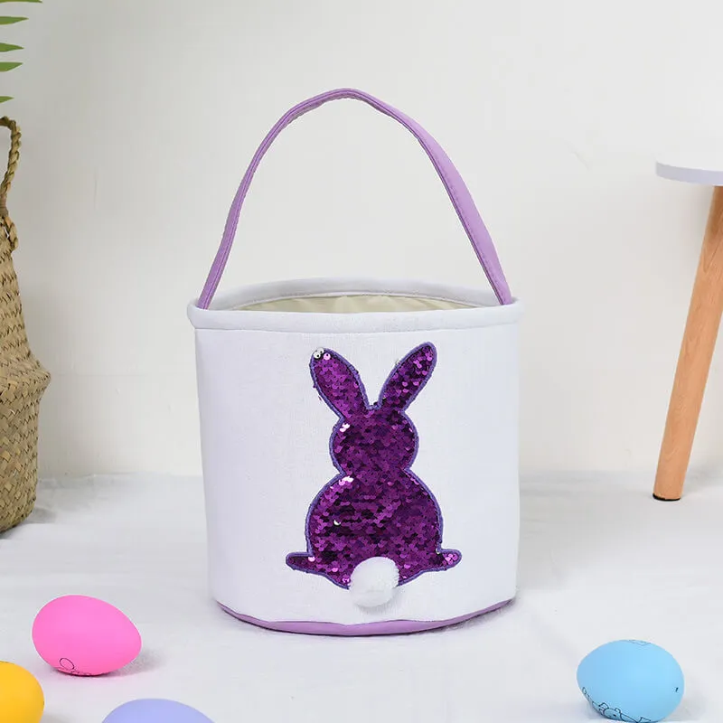 Easter Bunny Basket Canvas Sequin Tote Bags Kids Easter Egg Hunt Rabbit Basket with Tail