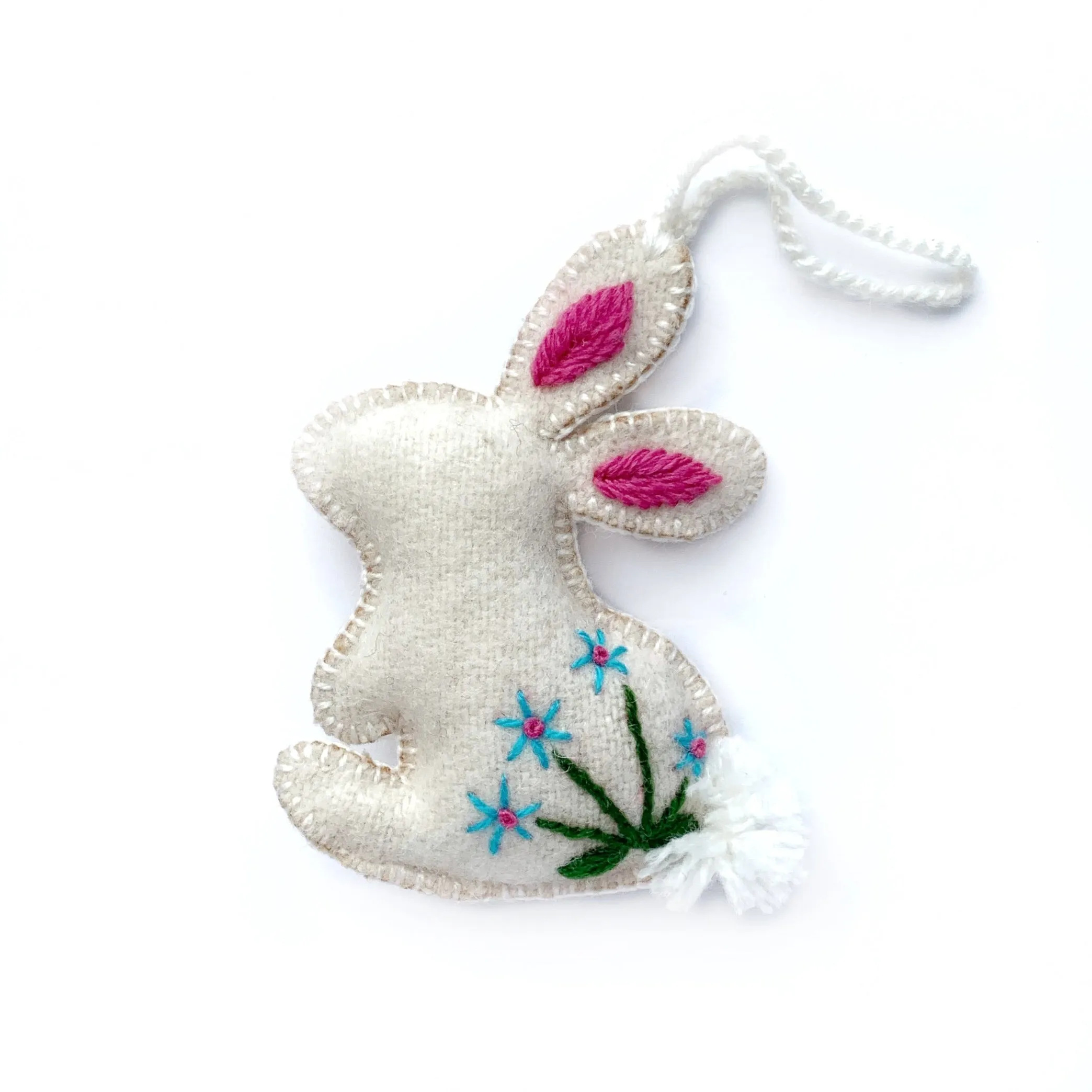 Easter Bunny Rabbit Ornament, Embroidered Wool