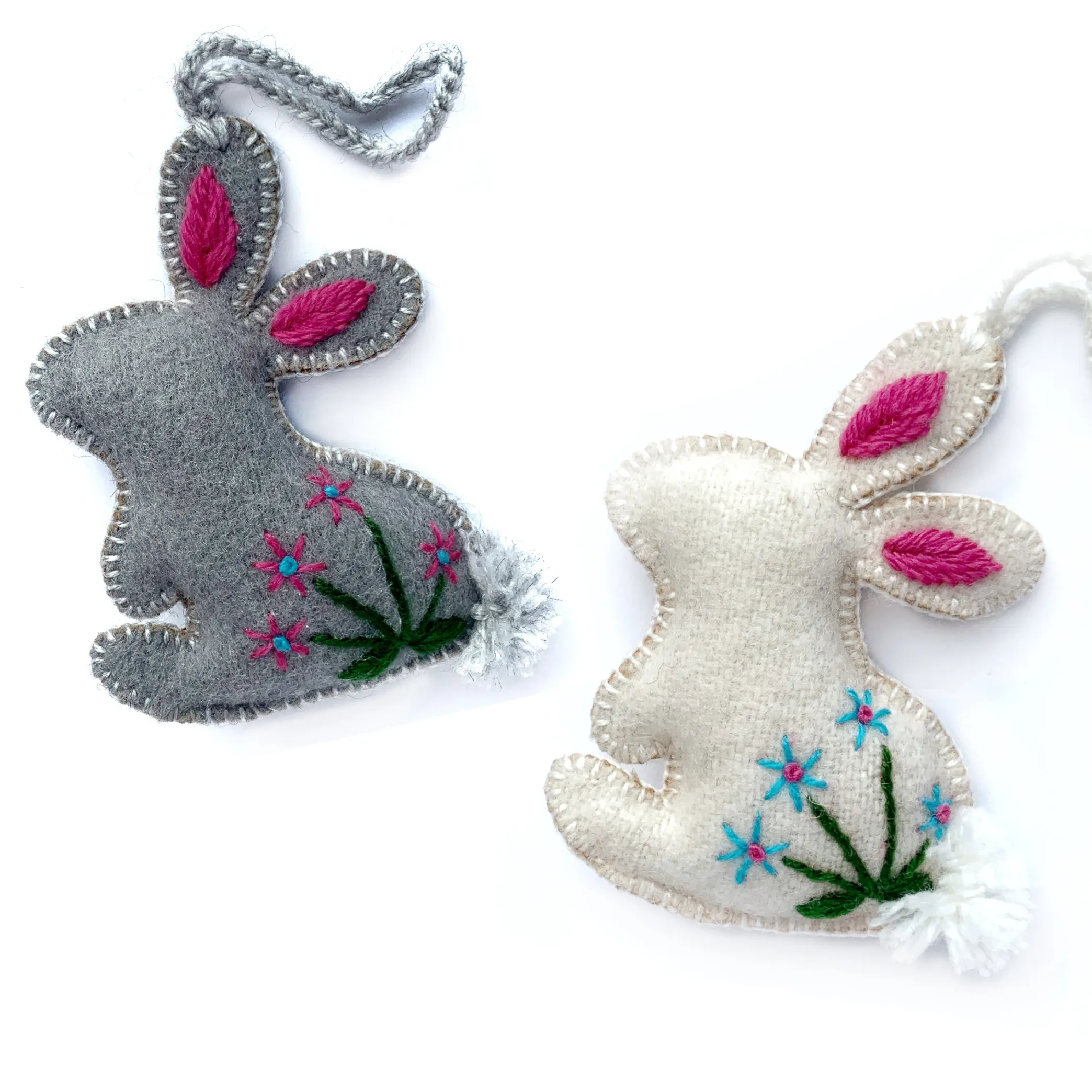 Easter Bunny Rabbit Ornament, Embroidered Wool