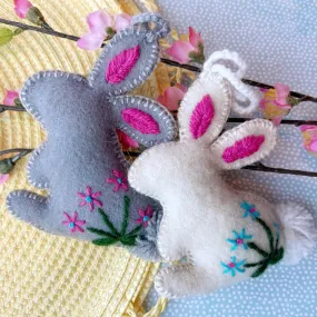 Easter Bunny Rabbit Ornament, Embroidered Wool