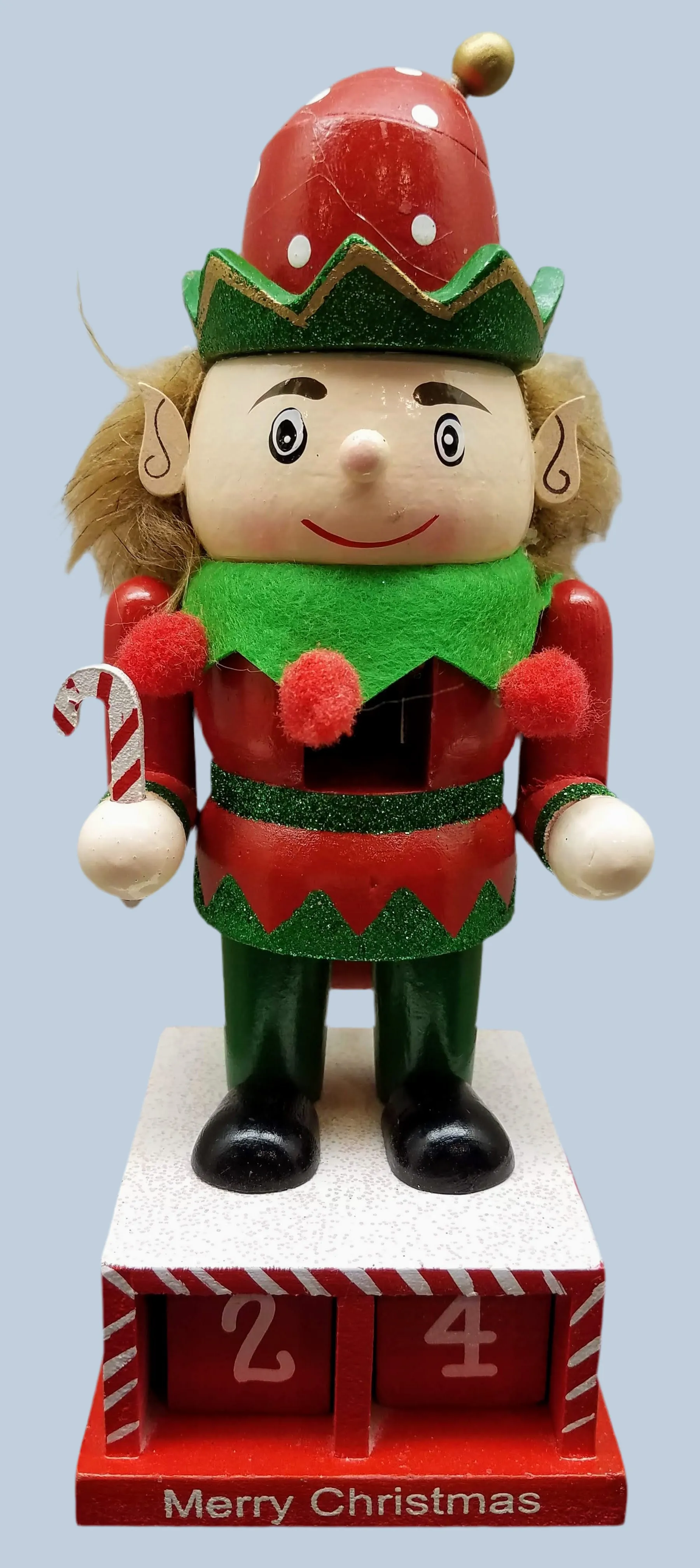 Elf nutcracker with candy cane & calendar 8"