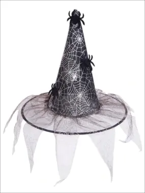 Girls Black And Silver Spooky Spider Web Witch Hat