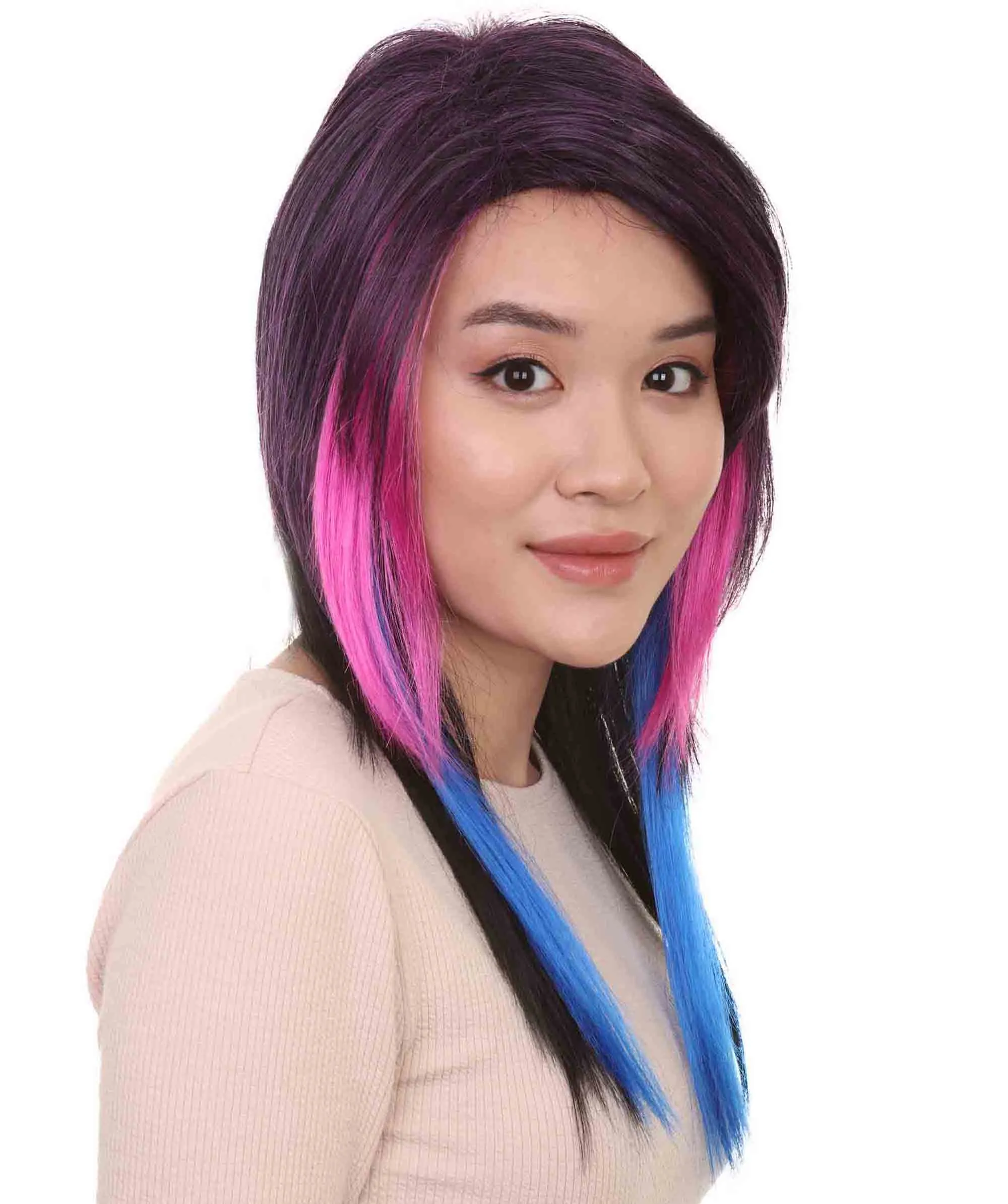 Hard Rockin Witch Tri-Color Womens Wig | Gothic Blue Purple Fancy Halloween Wig | Premium Breathable Capless Cap