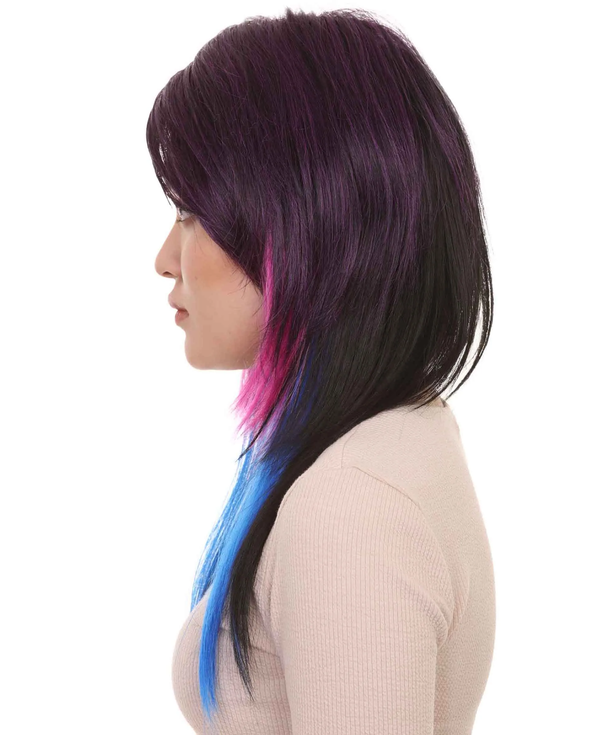Hard Rockin Witch Tri-Color Womens Wig | Gothic Blue Purple Fancy Halloween Wig | Premium Breathable Capless Cap