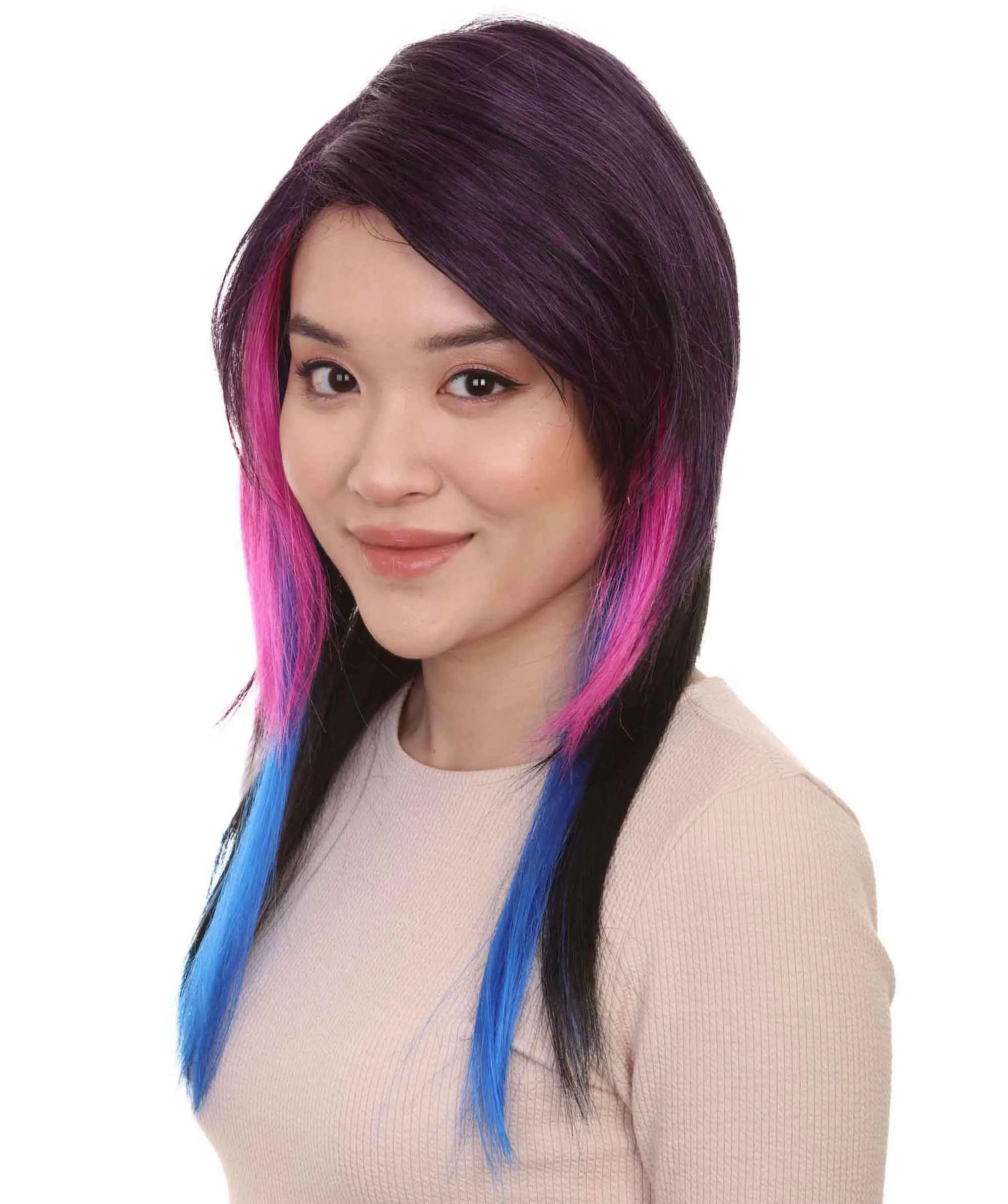 Hard Rockin Witch Tri-Color Womens Wig | Gothic Blue Purple Fancy Halloween Wig | Premium Breathable Capless Cap