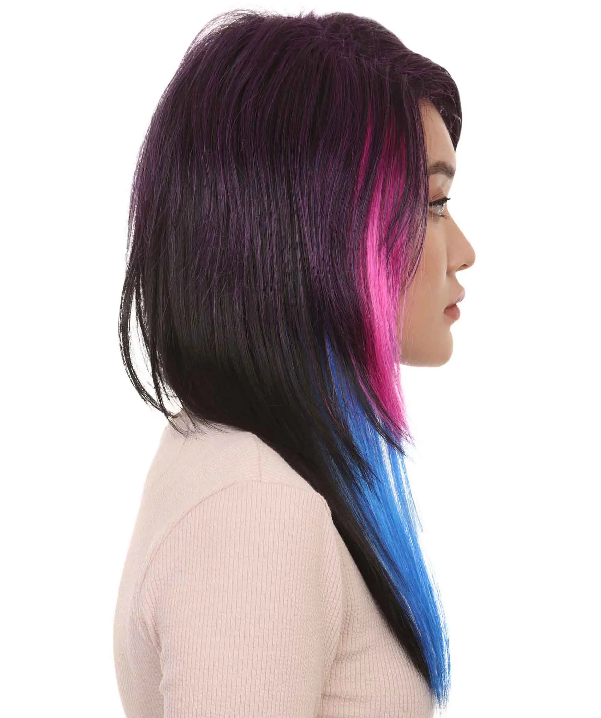 Hard Rockin Witch Tri-Color Womens Wig | Gothic Blue Purple Fancy Halloween Wig | Premium Breathable Capless Cap