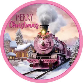 Merry Christmas Pink Christmas Train- Metal wreath Sign