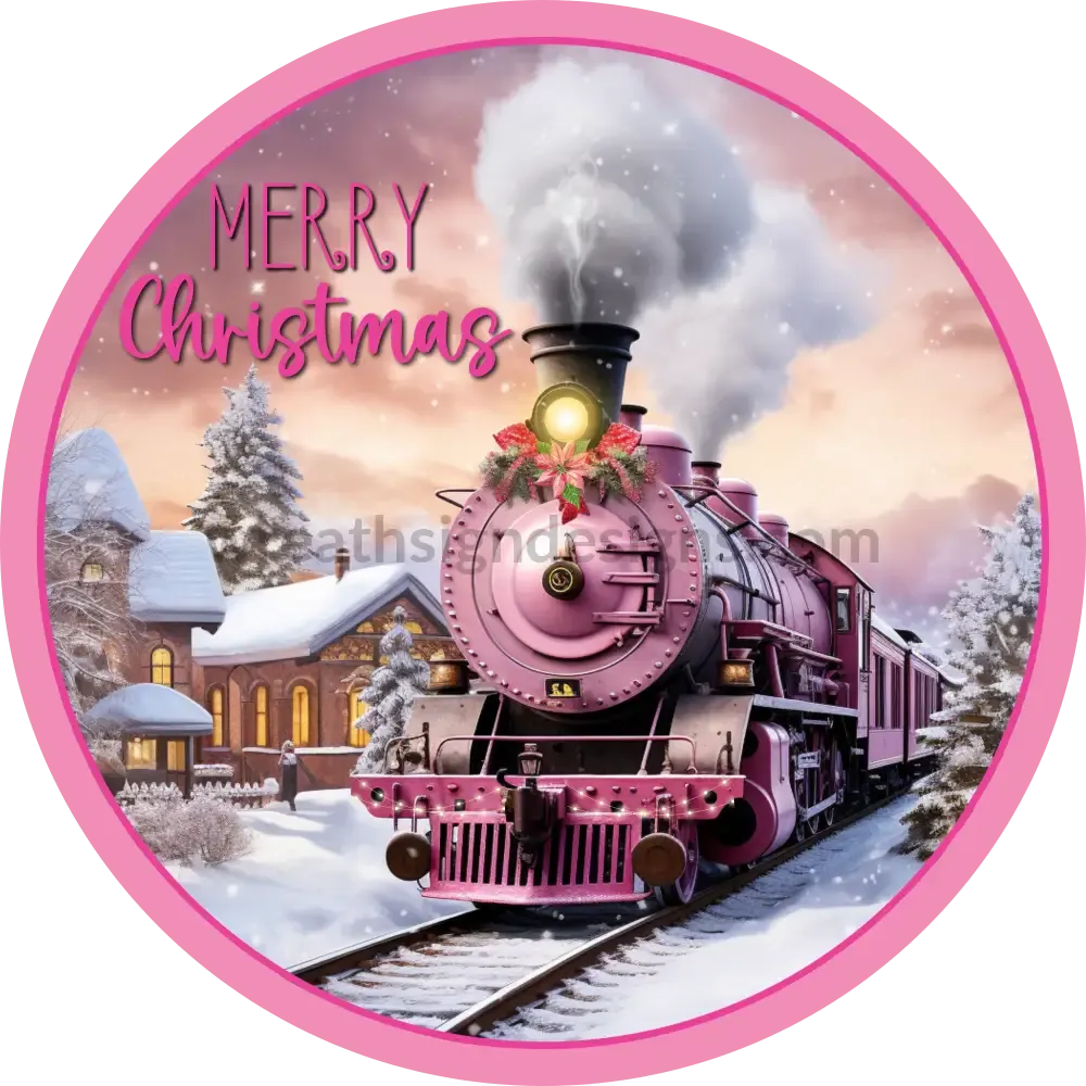 Merry Christmas Pink Christmas Train- Metal wreath Sign