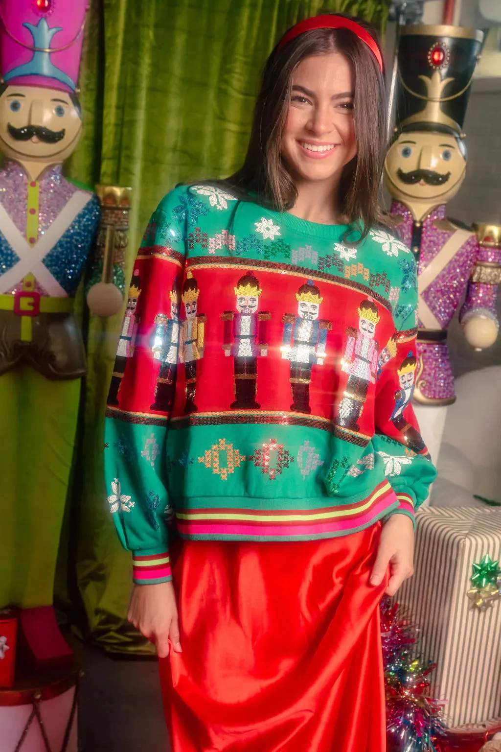 Multi Vintage Nutcracker & Needlepoint Snowflake Sweatshirt - Green [Queen of Sparkles]