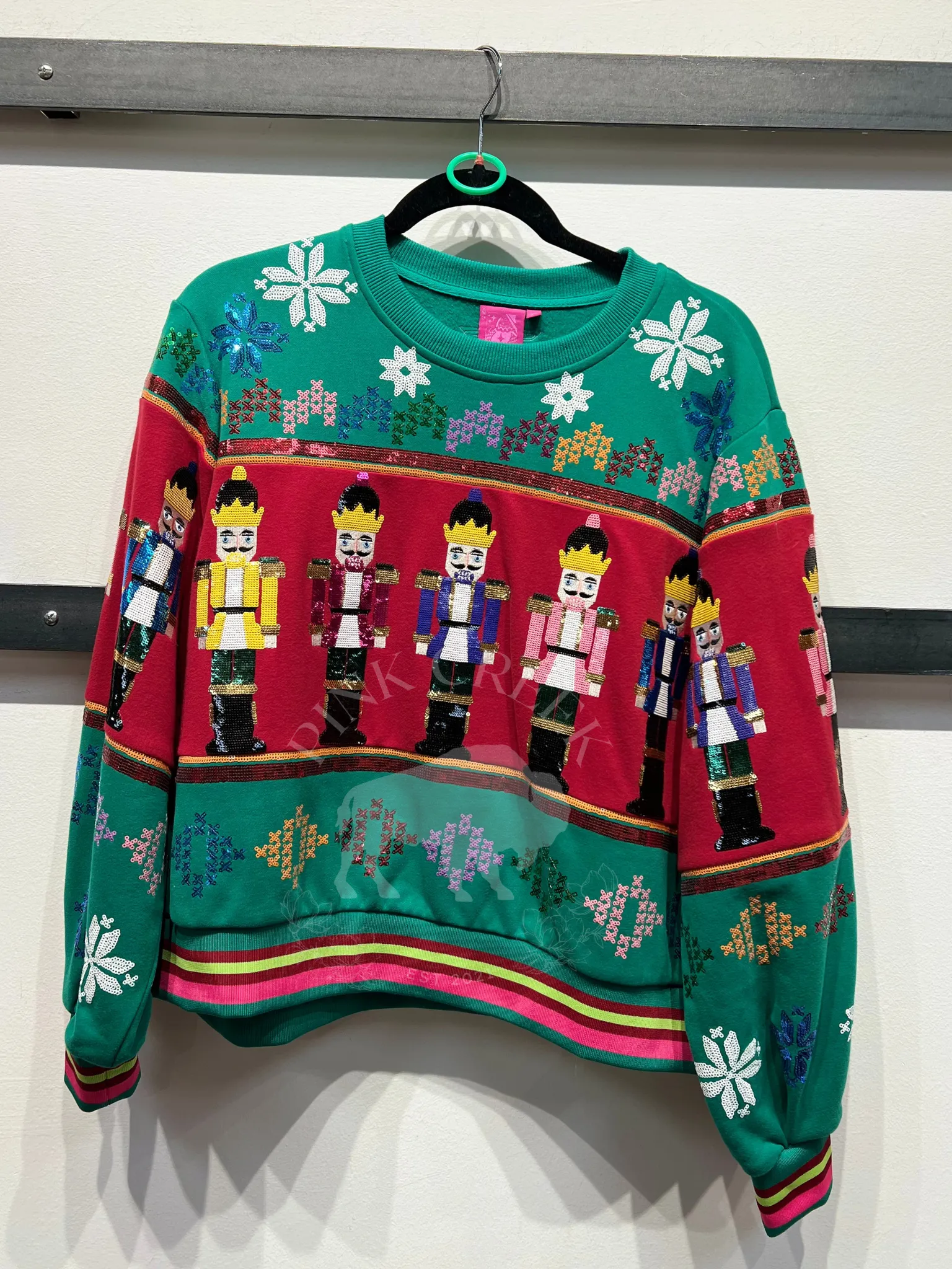 Multi Vintage Nutcracker & Needlepoint Snowflake Sweatshirt - Green [Queen of Sparkles]