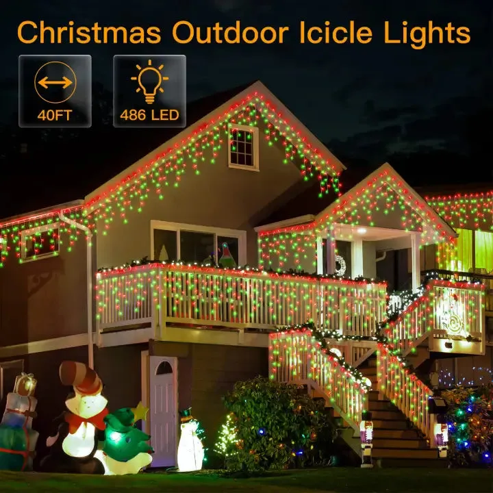 Ollny 486 LED 40ft Red&Green Christmas Icicle Lights (Clear Cable, Plug in, 8 Modes), Connectable up to 3 Sets