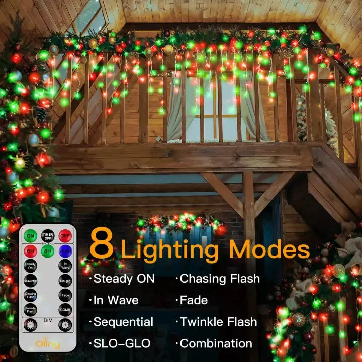 Ollny 486 LED 40ft Red&Green Christmas Icicle Lights (Clear Cable, Plug in, 8 Modes), Connectable up to 3 Sets