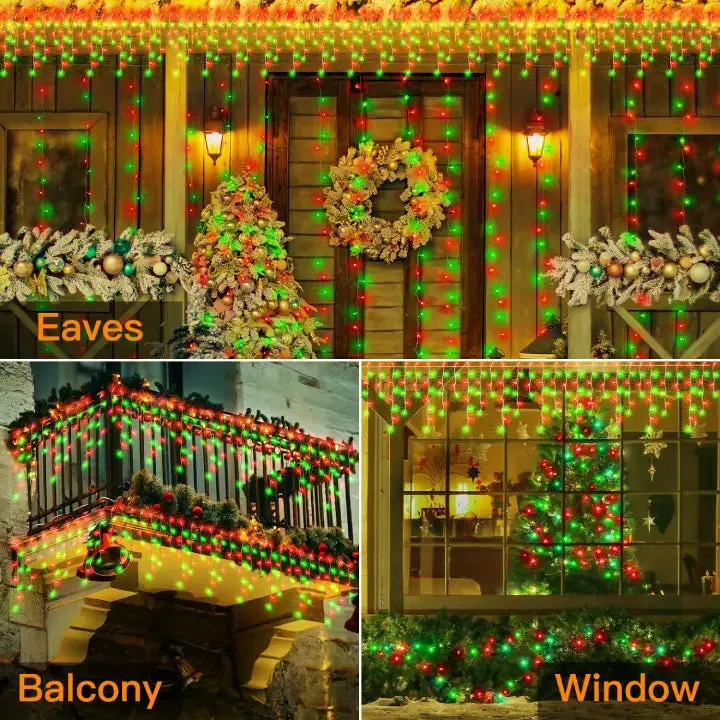 Ollny 486 LED 40ft Red&Green Christmas Icicle Lights (Clear Cable, Plug in, 8 Modes), Connectable up to 3 Sets