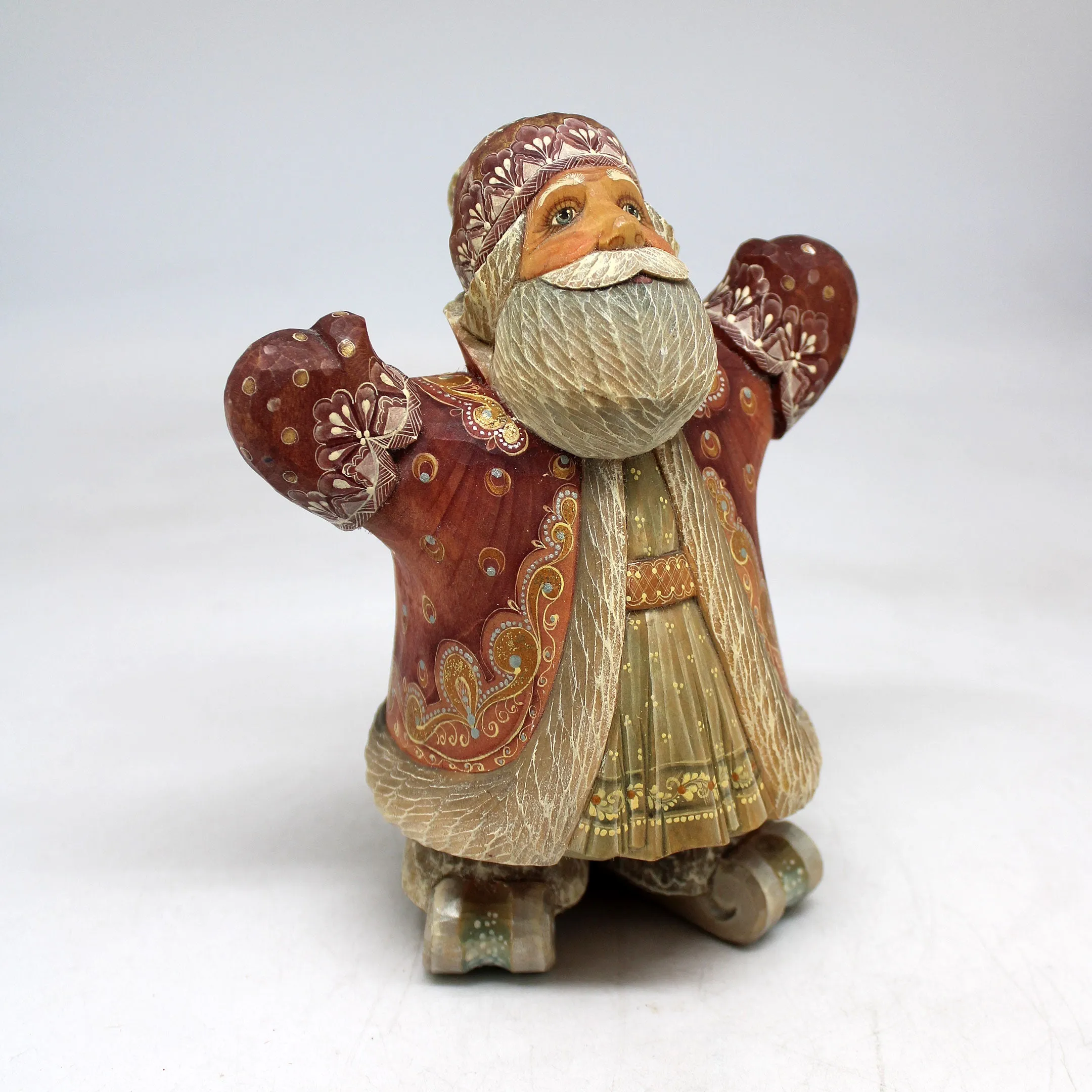 One-of-a-Kind Santa on Skis WOODCARVED Figurine 6.5x3.5x5 by GDeBrekht - Unique Handcrafted and Hand-Painted Collectible