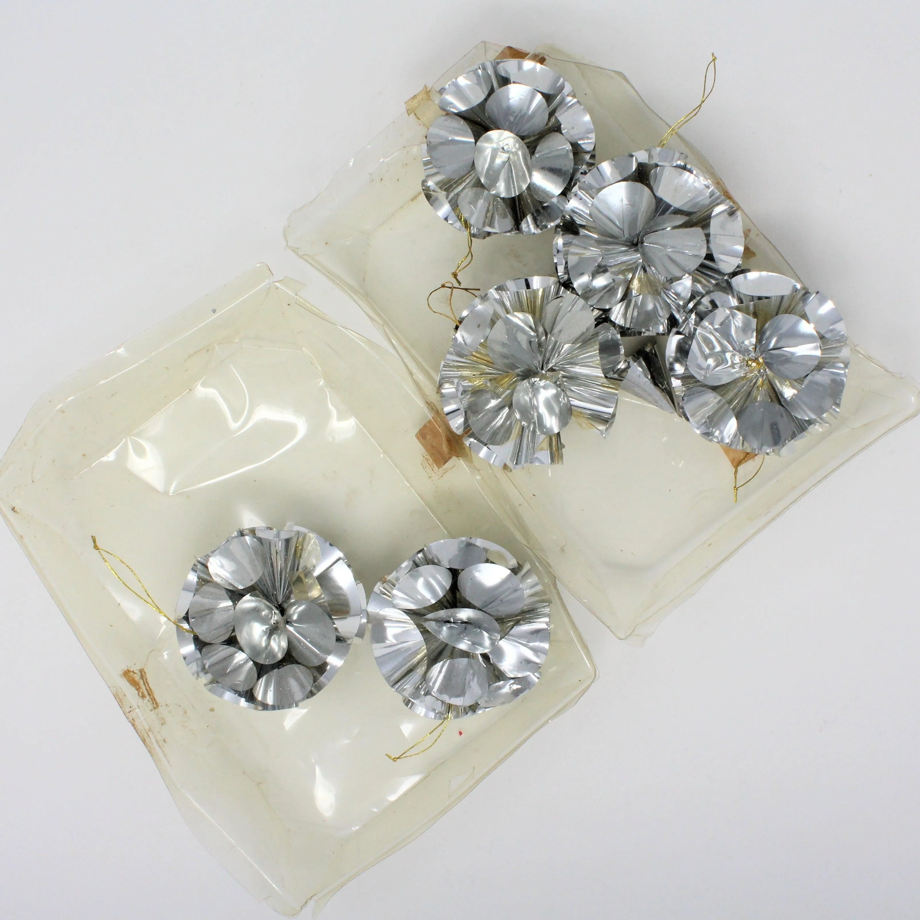 Ornaments, Atomic Foil Christmas Pompoms, Silver, Vintage, Set of 6, in Box