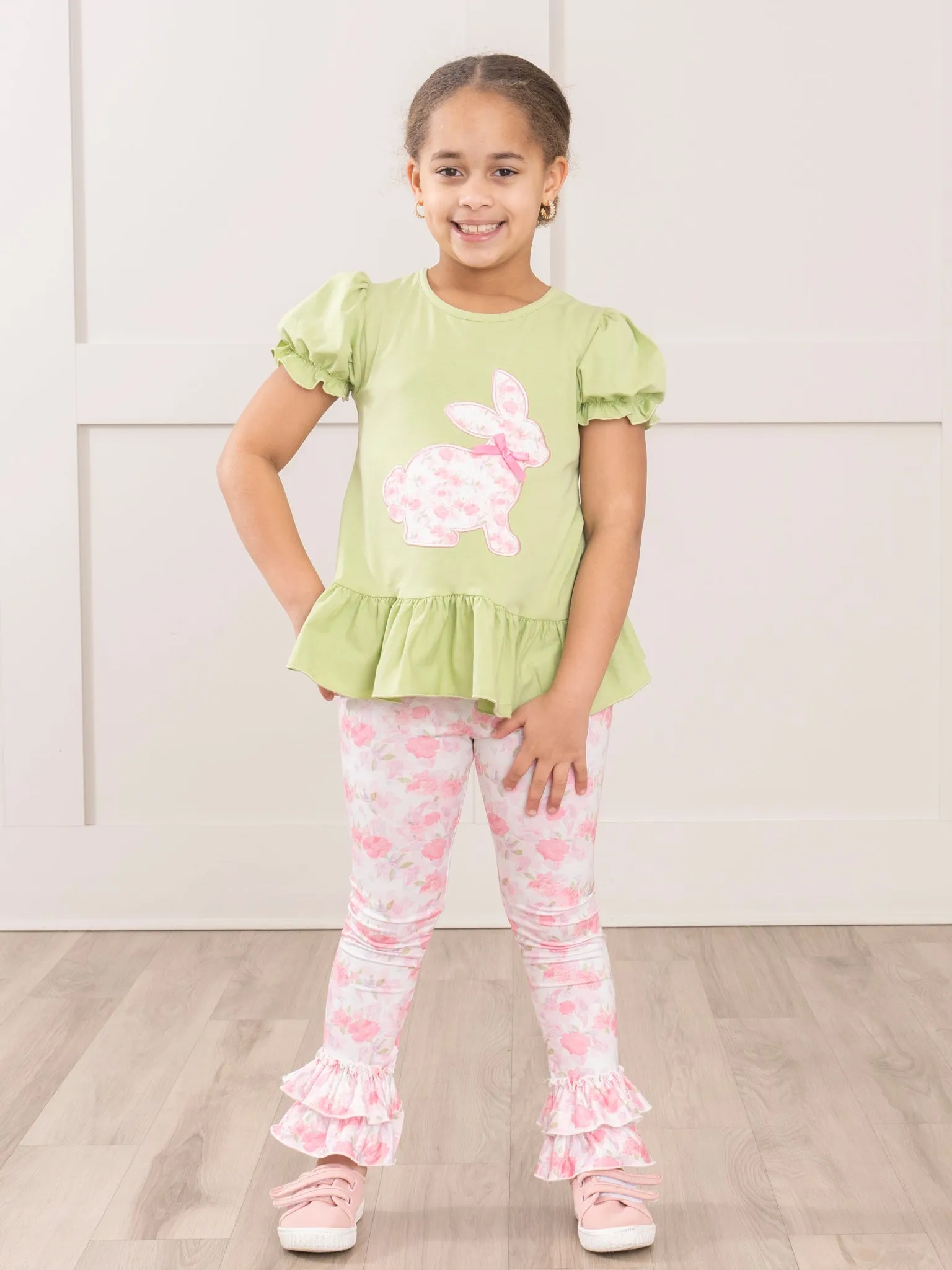 Pink & Green Floral Bunny Ruffle Outfit