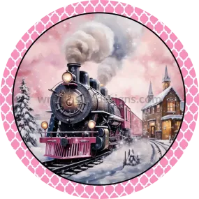 Pink and black Christmas Train- Metal wreath Sign