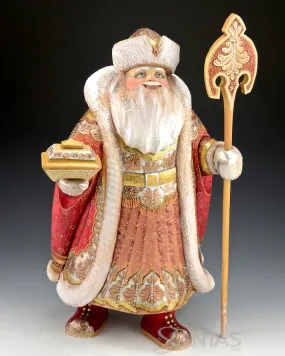 Royal Red and Gold Frosted Russian Santa with Gift Box
