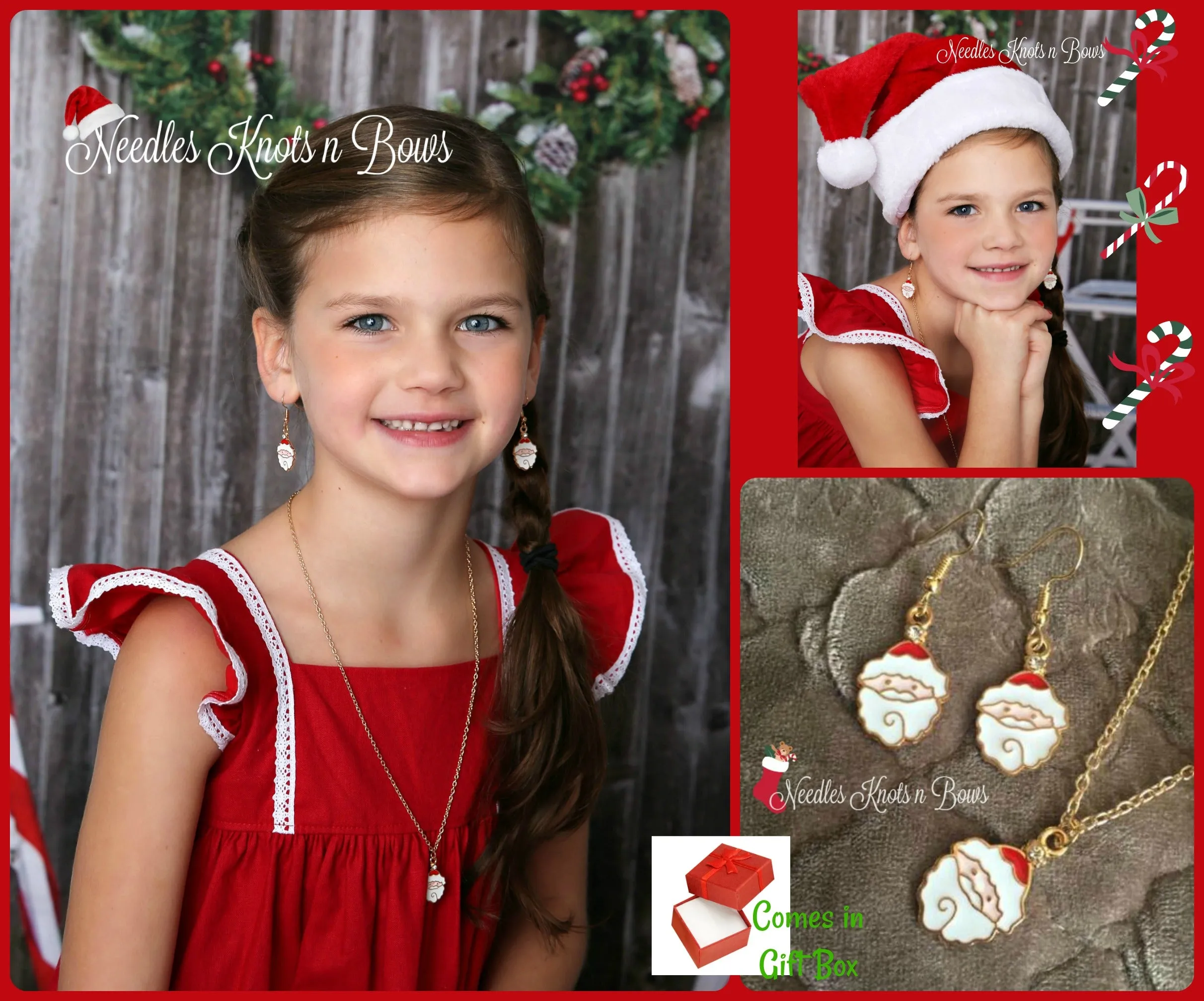 Santa Necklace & Earring Set, Girls Christmas Jewelry Set, Girls Santa Necklace, Santa Dangle Earrings
