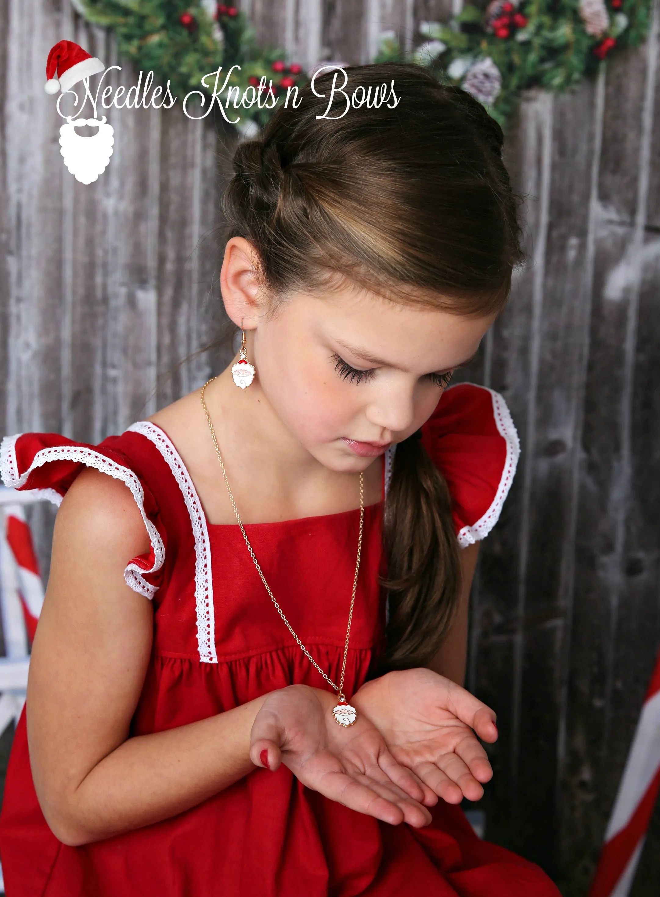 Santa Necklace & Earring Set, Girls Christmas Jewelry Set, Girls Santa Necklace, Santa Dangle Earrings
